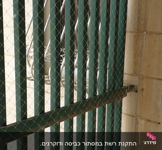רשת מתוחה על סורגים ירוקים למניעת כניסת יונים